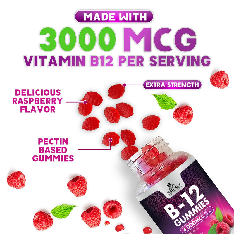 Vitamin B12 Energy Gummies - 3000 mcg per Serving Extra Strength B 12 Gummy for Metabolism, Immune Support - Chewable Dietary B-12 Supplements, Natural Caffeine Free Gummy, Berry Flavor - 60 Gummies 60 Count (Pack of 1)