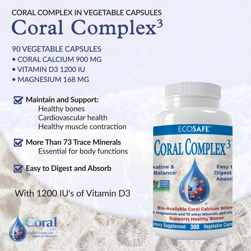 Coral Complex 3 Calcium Supplement Vitamin D3 & Magnesium – 900 mg Bioavailable Coral Calcium for Bone Strength, Joint Support & pH Balance – Trace Minerals, Non-GMO, 300 Veg Capsules 300 Count (Pack of 1)