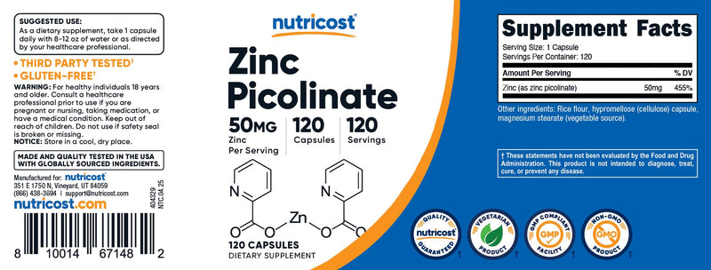 Nutricost Zinc Picolinate 50mg, 120 Vegetarian Capsules, Gluten-Free | GMO-Free 120 Count (Pack of 1)