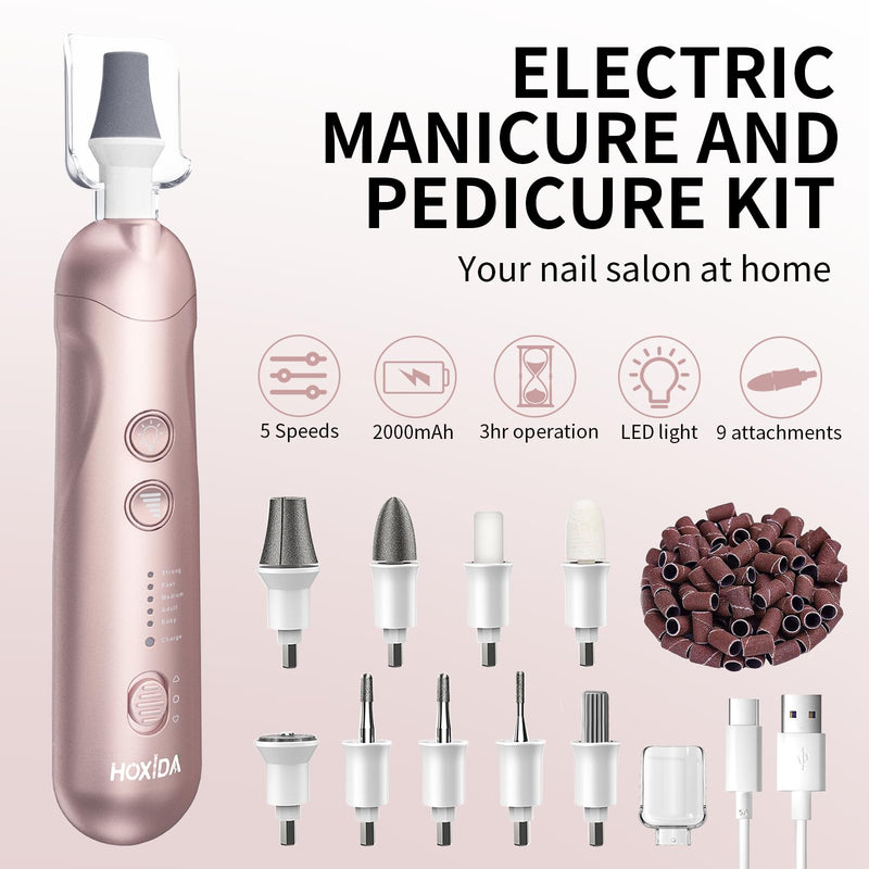 Manicure Pedicure Kit with Case, Professional Nail Grinder for Senior Thick Toenail, Cordless Electric Nail File, 5 Speeds Pedicure Tools for feet Callus Remover, Nail Drill for Women Hand Feet Care Rosecase