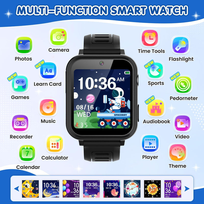 MOFGDNI Smart Watch for Kids with 39 Games Touchscreen Camera Video, Music Player, Pedometer, Calculator, Calendar, Stopwatch, Flashlight, Alarm Clock 12/24 hr, Birthday Gifts Toys for Boys Ages 3-12 Black - BeesActive Australia