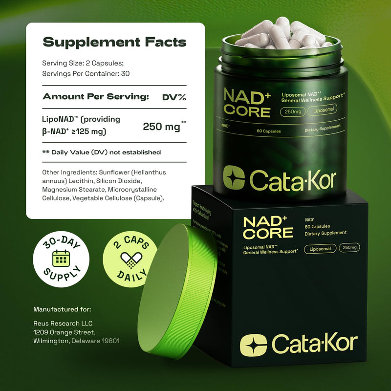 Cata-Kor NMN Supplement Alternative – Liposomal NAD+ Supplement - NAD CORE 30-Day Supply 60 Capsules 60 Count (Pack of 1)