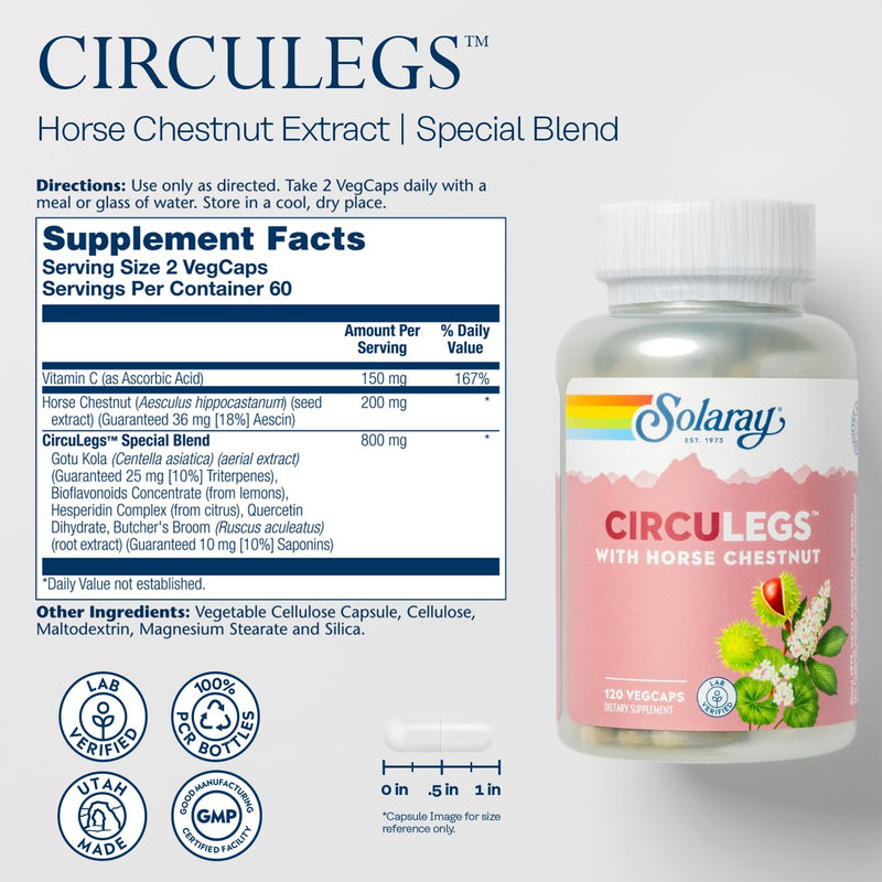 SOLARAY Circulegs, 120 VegCaps | Circulatory & Vascular Wellness Support, Horse Chestnut, Gotu Kola & Vitamin C, 60 Servings, Vegan, Gluten Free, Lab Verified 120 Count (Pack of 1)