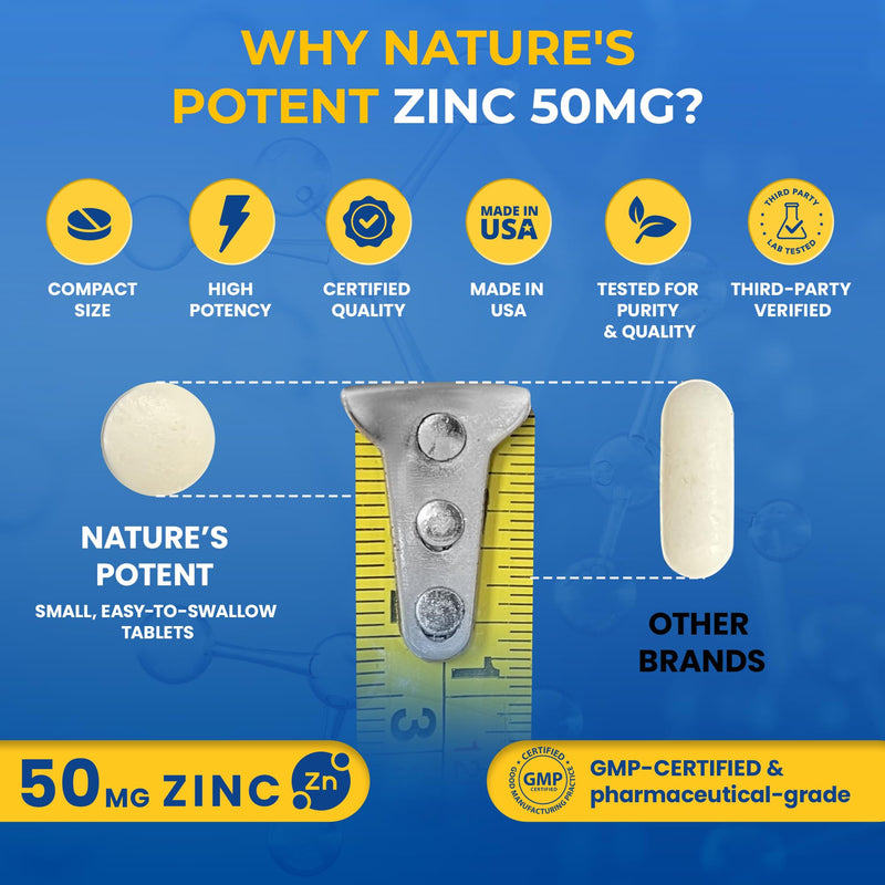 Zinc 50mg [High Potency] Supplement - Immune Support System from Natural Zinc (Oxide/Citrate) 100 Tablets, Made by Nature’s Potent. - BeesActive Australia