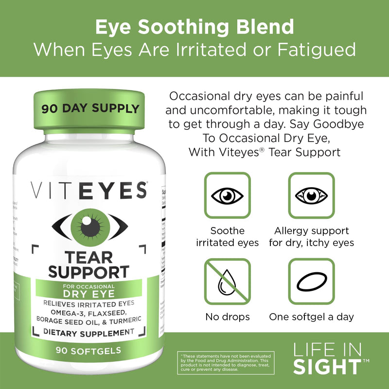 Viteyes Tear Support Eye Soothing Blend, Occasional Dry Eye Supplement, No Eye Drops, Redness Relief, Eye Vitamin, Allergy Support for Itchy Eyes, Omega-3 Fish Oil, 90 Softgels 90 Count (Pack of 1)