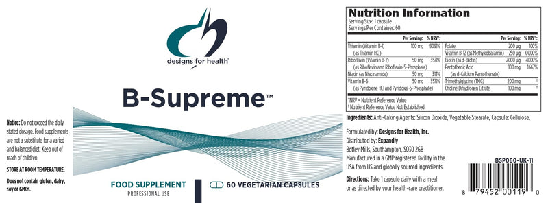 Designs for Health Vitamin B Supreme - B Complex Vitamins for Metabolism, Energy Support + Heart Health - Folate, Vitamin B12, Niacin, Biotin, Vitamin B6 + Thiamine B1 Supplement (60 Vegan Capsules) 60 Count (Pack of 1)