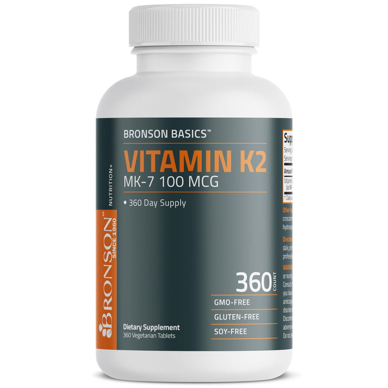 Bronson Vitamin K2 MK-7 100 mcg, K2 as MK7 Menaquinone, 360 Tablets | Helps Transport Calcium to Bones, Biologically Active Longer than Vitamin K1, Non-GMO, Gluten-Free & Soy-Free Unflavored 360 Count (Pack of 1)