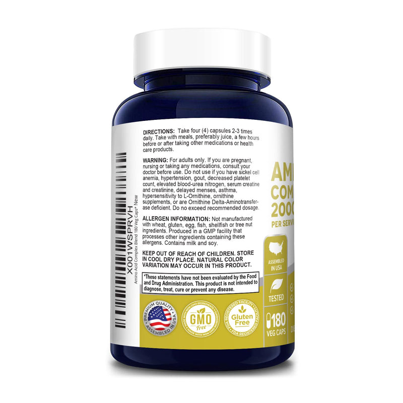 Amino Acid Complex Blend, Non - GMO, 2000mg, 180 Caps - 45 Servings | Dietary Supplement Formula, Gluten Free, Suitable for Adults, Manufactured in cGMP Facility USA