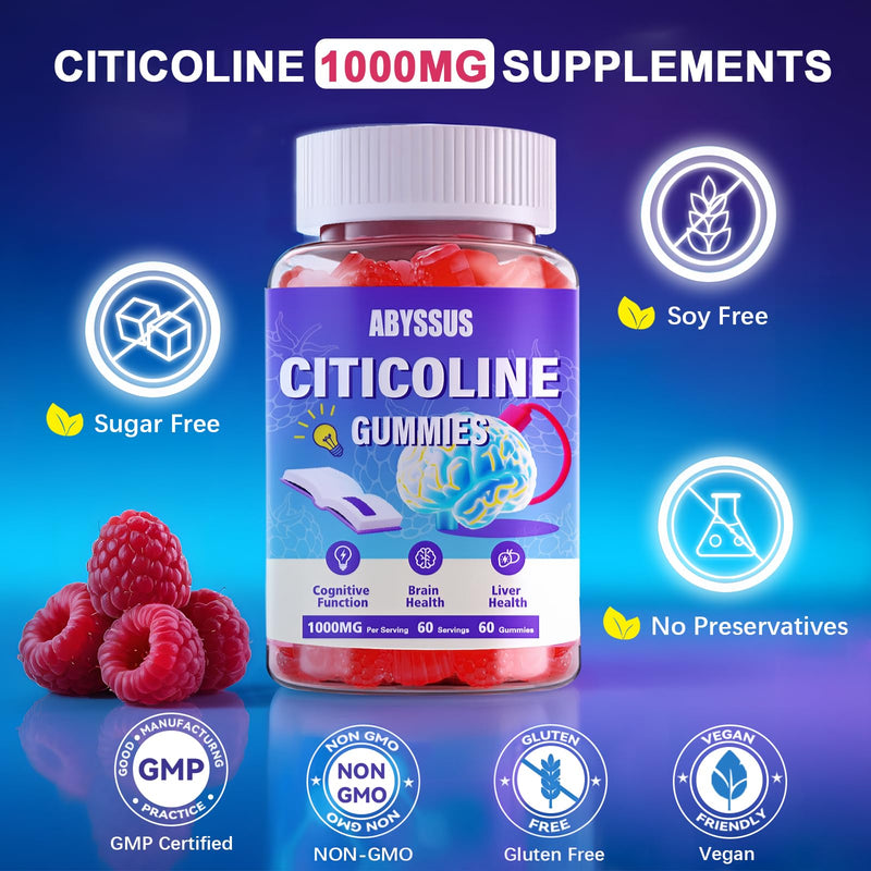 ABYSSUS Citicoline (CDP Choline) Gummies 1000mg, Sugar-Free, Vegan, 60 Ct | Brain Support Supplement for Cognitive Focus & Clarity, Sugar-Free, Non-GMO, Raspberry Flavor