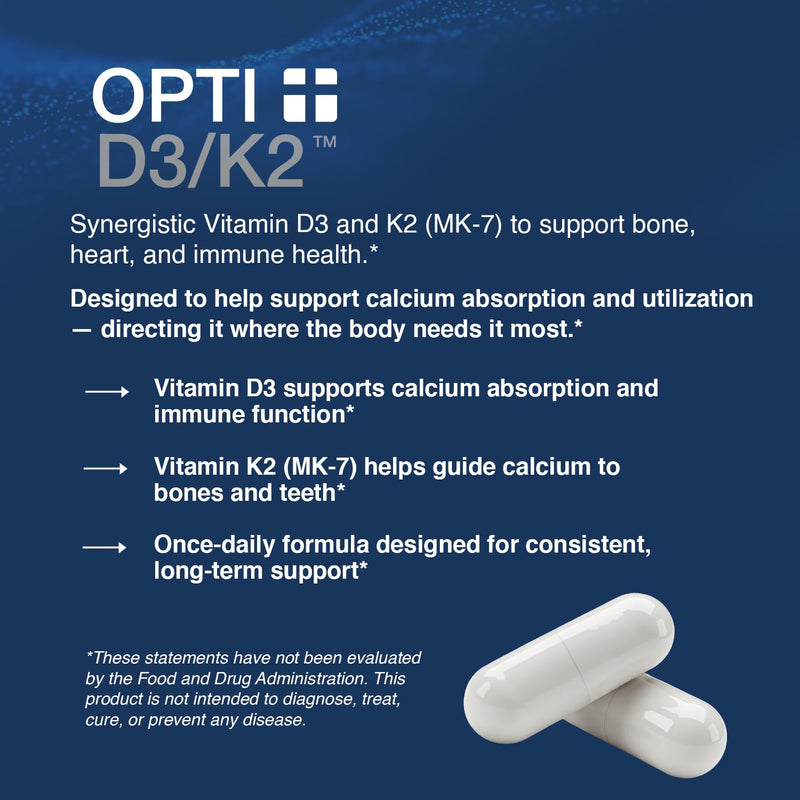 Opti+ Vitamin D3 K2 (MK-7) Supplement – Supports Bone Strength, Cardiovascular Health & Immune Function*, Vitamin D3 K2 Daily Support – 120 Capsules, 120-Day Supply