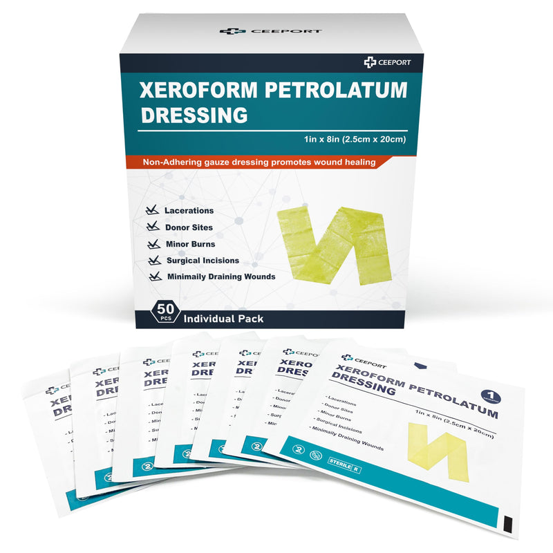 Ceeport Medical Xeroform Petrolatum Dressing 1"x8", 50 Individual Pack, Non-Adherent Gauze Pad Strip, Fine Mesh Gauze Patch Supplies for Wound Care, Burns, Lacerations, & Skin Grafts 1"x8" - BeesActive Australia