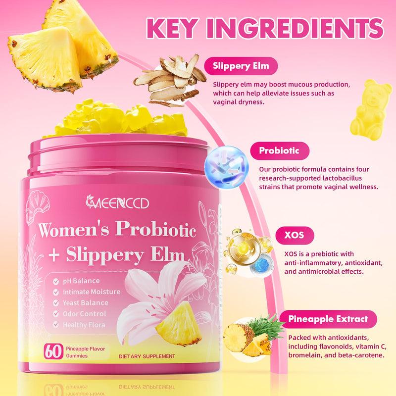 MEENCCD Her Juicy Feminine Probiotics Gummies with Slippery Elm & Lactobacillus Blend, Supports pH Balance & Immune Function, Promotes Vaginal Wellness, Pineapple Flavor, 60 Count