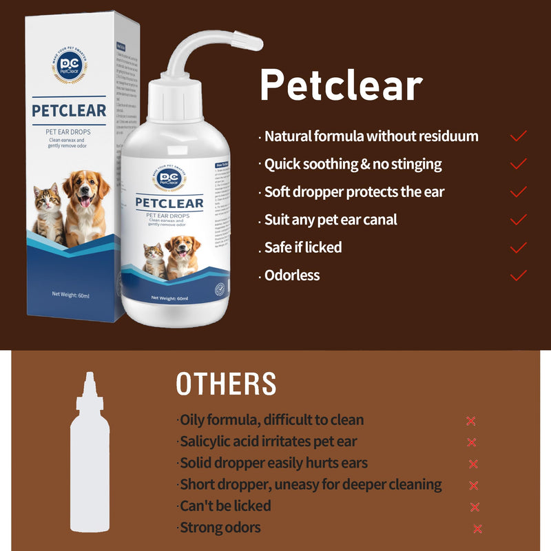 Ear Cleaner for Dogs and Cats, with Bendable Applicator, Non-Irritating, Dog Ear Cleaner Solution to Eliminates Ear Odour, Dirt and Debris, 60ml