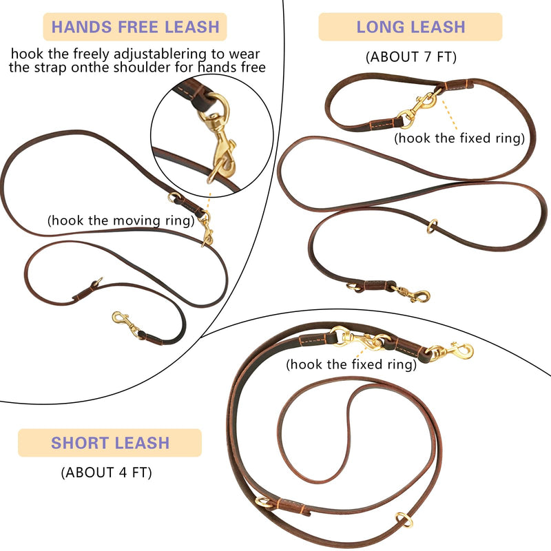 Hands Free Leather Dog Leash 8ft，Durable Genuine Leather Multi Function Dog Leashes，Strong Leather Leash for Small Medium Large Breed Dogs