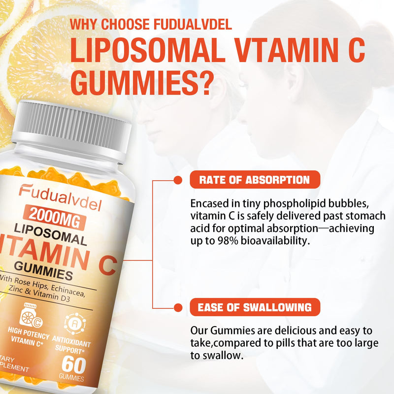 2 Pack 2000mg Liposomal Vitamin C Gummies for Adults & Kids Immune Support, Antioxidant & Collagen Booster Complex with Rose HIPS, 5000IU D3 ,Elderberry, Echinacea, Iron & Zinc, Orange Flavor, 120 Cts 60 Count (Pack of 2)