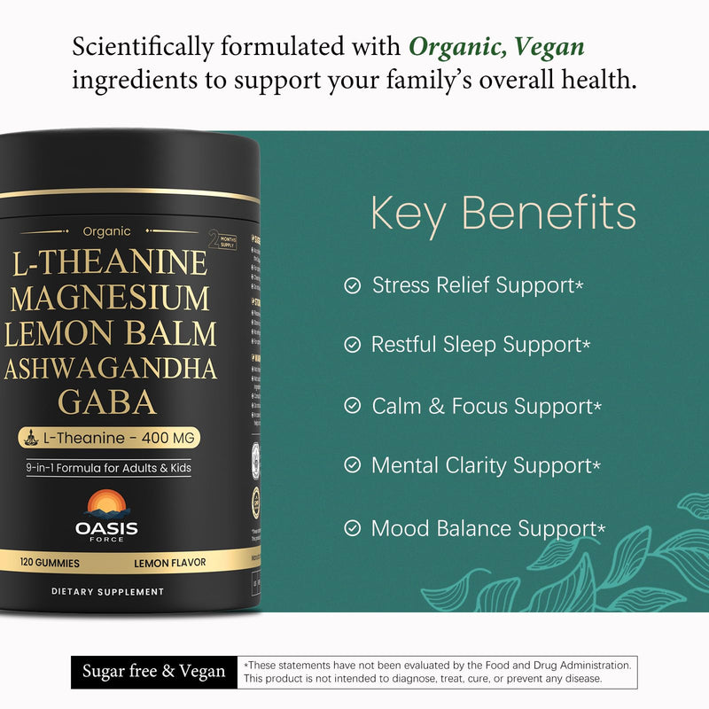 L-Theanine 400mg Gummies, L Theanine Supplement for Kids & Adults with Magnesium Glycinate, GABA, Ashwagandha, L'theanine Chewable for Restful Sleep, Stress Support, Relaxation, Calm, 60 Day Supply