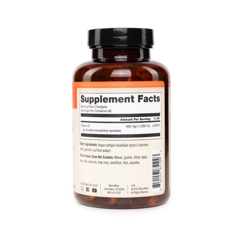 NatureWise Vitamin E 1000 IU Softgels (450mg dL-Alpha) - Vegan, Gluten-Free, Soy-Free, Non-GMO Antioxidant Dietary Supplement for Skin, Heart, Eye, and Immune Health Support - 60-Day Supply, 120 Count