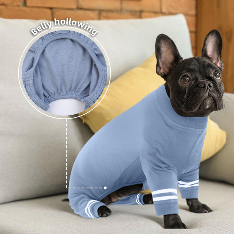 Katzinst dog bodysuit, dog clothes for small dogs, collar and cuffs made of ribbed knit, soft, breathable, warm dog pajamas for all seasons, white dog bodysuit with double stripes, haze blue S haze blue - BeesActive Australia