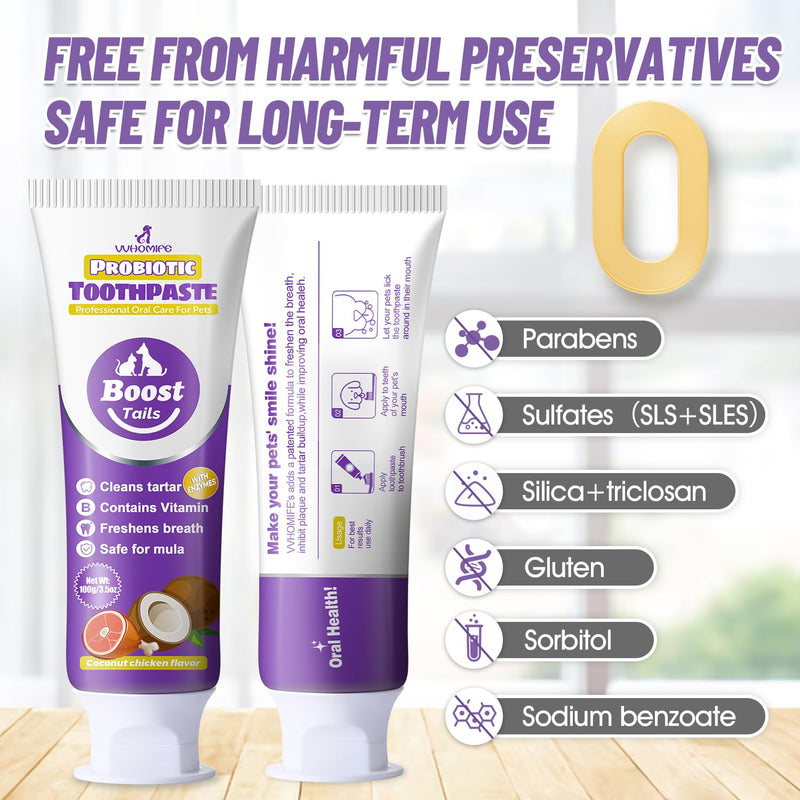 Natural Coconut Oil Dog & Cat Toothpaste for Fresh Breath + Zero-Pressure Comfort Pet Toothbrush