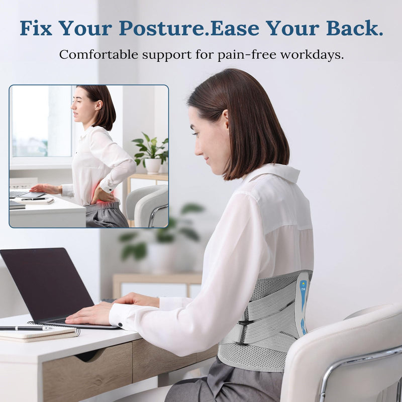 Adjustable 26° Ergonomic 3D Back Brace for Lower Back Pain Relief | Removable Stays, Breathable Mesh & Invisible Design, Office/Workout Use, Sciatica Relief/Herniated Disc, Unisex (Medium) Gray Medium