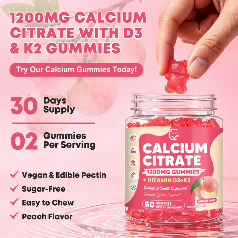 Calcium Citrate Gummies 1200 mg with Vitamin D3, K2 for Women & Men | High Absorption Calcium Supplements or Bone, Muscle & Immune Support, Sugar Free, Vegan, Peach Flavor, 60 Chews, 2 Pack