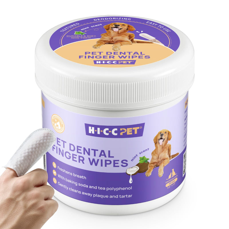 HICC PET Dog Dental Wipes, Dog Teeth Cleaning Finger Wipes, Freshens Breath, Soothes Gums, Reduces Plaque, Coconut Oil, 50 Disposable Wipes