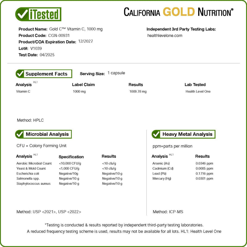 California Gold Nutrition C, Vitamin C, 1000 mg Veggie Capsules, 60 Count