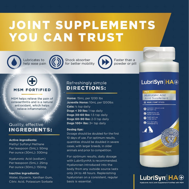 Lubrisyn Hyaluronic Acid + MSM Joints Supplement, 8oz: Natural Pure HA Liquid Dog and Cat Joint & Cartilage Support, Relief and Lubrication for Pets Including Dogs, Cats and Horses, Vegan Formula - BeesActive Australia