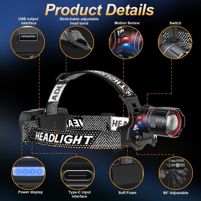 Super Bright Headlamp Rechargeable 2 Pack, High Lumen LED Head Lamp with Motion Sensor, 5 Modes, Zoomable Head Light for Forehead, 90° Adjustable, Waterproof Headlamps for Adults, Hard Hat, Camping