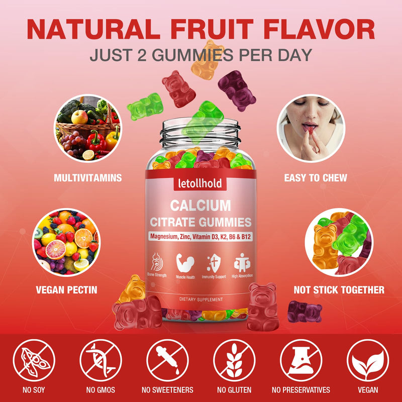 Calcium Citrate Gummies - 1200mg Calcium Gummies with Magnesium Zinc Vitamin D3,K2, B6, B12 for Bone, Muscle, Joints, Immune Support, High Absorption Calcium Supplements for Women & Men 2 Packs Mixed Fruit