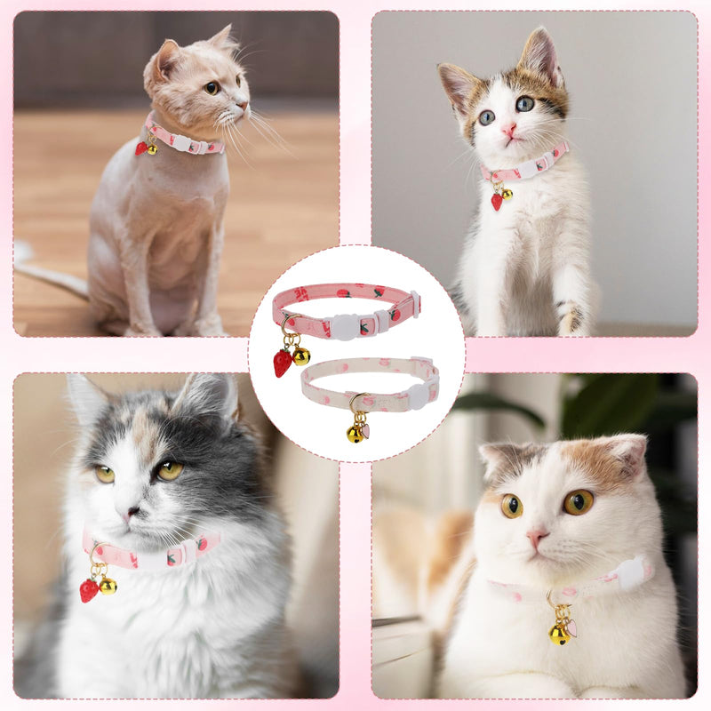 2 Pcs Cotton Breakaway Cat Collar, Safety Adjustable Cat Collars Set Strawberries and Heart Shaped Pendant Kitten Collar Cute Cat Collar with Bell - BeesActive Australia