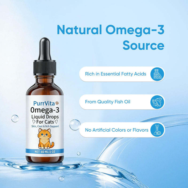 PurrVita Omega-3 Liquid Drops for Cats – Supports Healthy Skin & Coat, Natural Fish Oil Supplement for Feline Wellness 60ml (1) 1