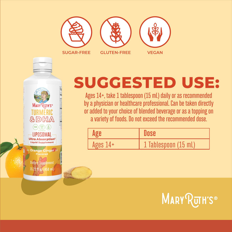 MaryRuth's Turmeric & DHA Liposomal Liquid, Ultra Absorption, 15.22 oz | Enhanced Absorption, Turmeric Curcumin Supplement 520mg, Joint Health & Cognitive Health, Ginger Root Oil, Omega-3 DHA
