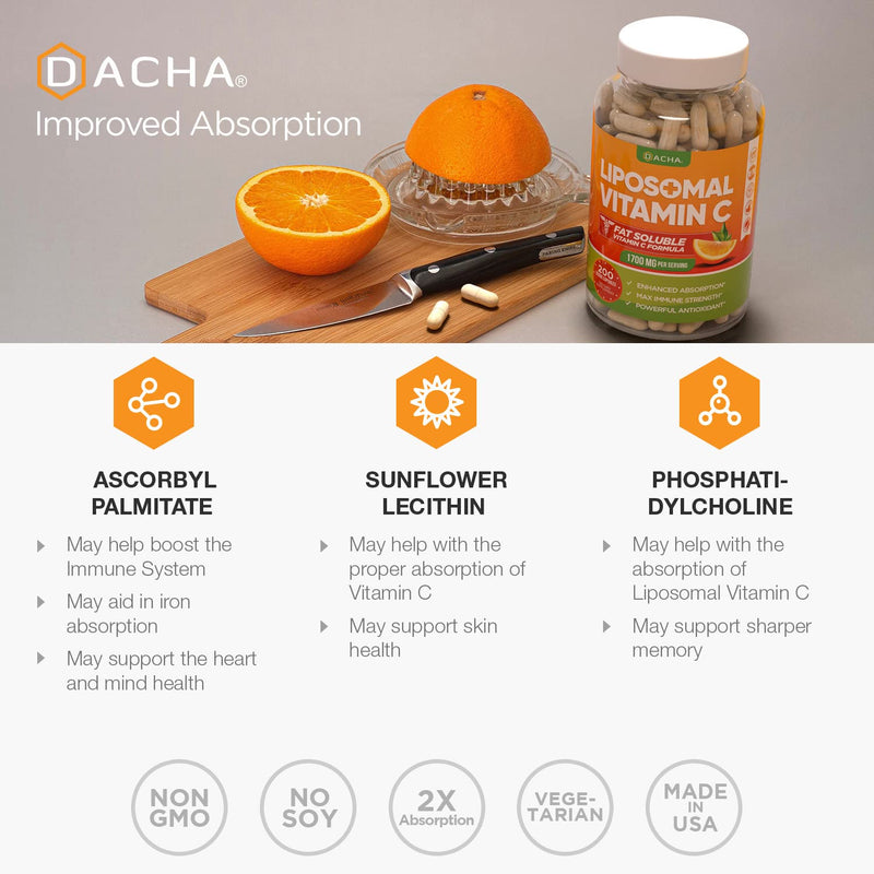 DACHA Natural Liposomal Vitamin C - 1700mg, 200 Capsules, Immune System & Collagen Booster, High Absorption Fat Soluble Vit C, Buffered, Skin Vitamins, Sunflower Lecithin - BeesActive Australia