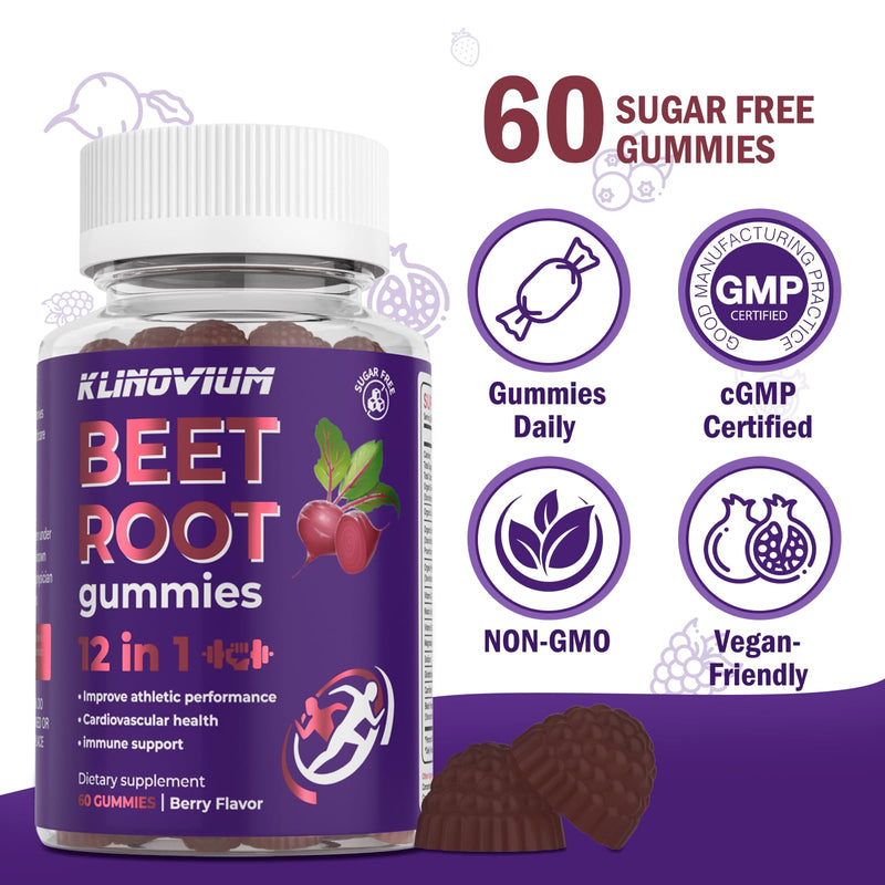 Nitric Oxide Beet Root Gummies 6000MG with Grapeseed Powder, Pomegranate Powder, Glutathione, Vitamin C & B12 – Sugar-Free, Mixed Berry Flavor – 60 Gummies