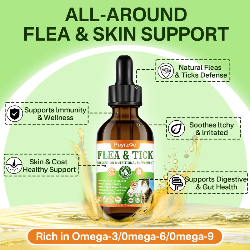 Puyrzoe Cat Flea Treatment, Natural Oral Flea and Tick Prevention for Cats Drops with Pumpkin Seed, Echinacea & Omega-3/6/9- Support Immunity, Healthy Skin & Coat, Digestion & Overall Wellness, 60 ML