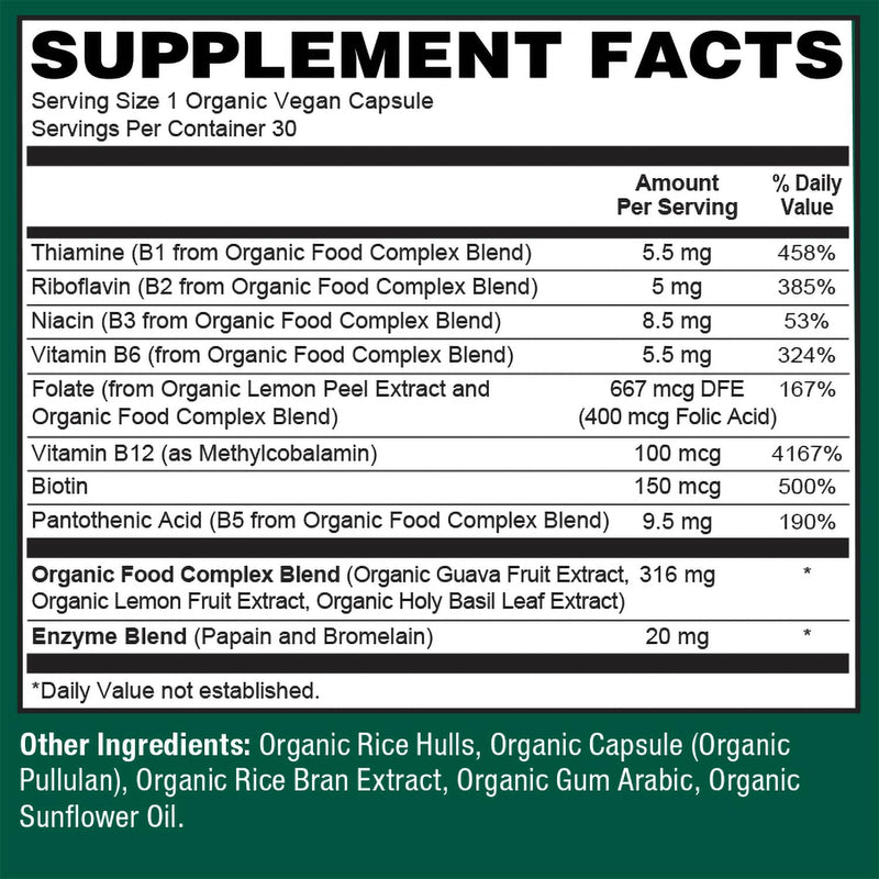PlantFusion Organic Vitamin B-Complex, Vegan Whole Food Supplement for Energy & Metabolism, Methylated B12, Guava, Lemon & Basil, Non-GMO, Gluten-Free - 30 Capsules 30 Count (Pack of 1)