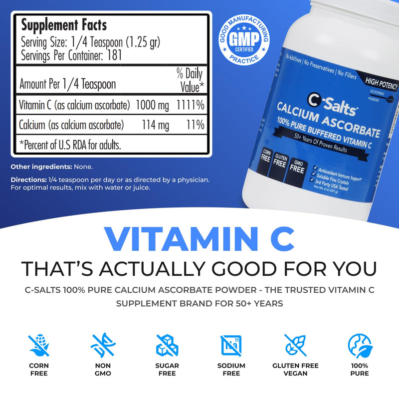 C-Salts Pure Calcium Ascorbate Vitamin C Powder (8 oz) 8 Ounce (Pack of 1)