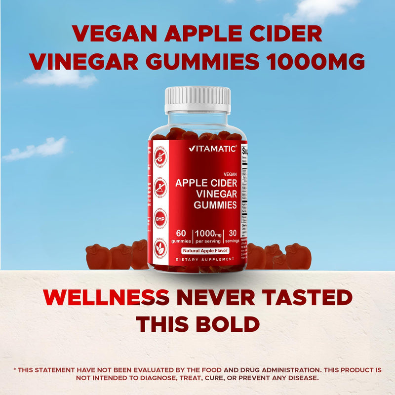 Vitamatic Apple Cider Vinegar Gummies 1000 mg Per Serving, 60 Vegan Gummies | Pectin Based, Support Weight Loss*, Energy Boost*, Digestion & Gut health*, Gluten Free, Non GMO 60 Count (Pack of 1)