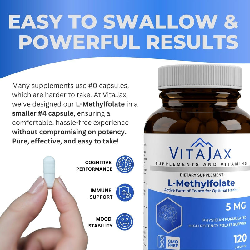 L Methylfolate 5 mg | 120 Caps | Value Pack | Max Potency | Active Folate | Gluten Free | Methyl Folate 5-MTHF | No Filler Doctor Designed and Formulated