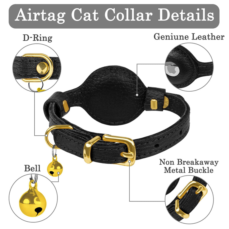 OOPSDOGGY Leather AirTag Cat Collar with Bell - Non Breakaway Kitten Collar with Apple Air Tag Holder - Lightweight GPS Pet Collars for Girl Boy Cats, Small Dogs, Puppies (Black) Black - BeesActive Australia
