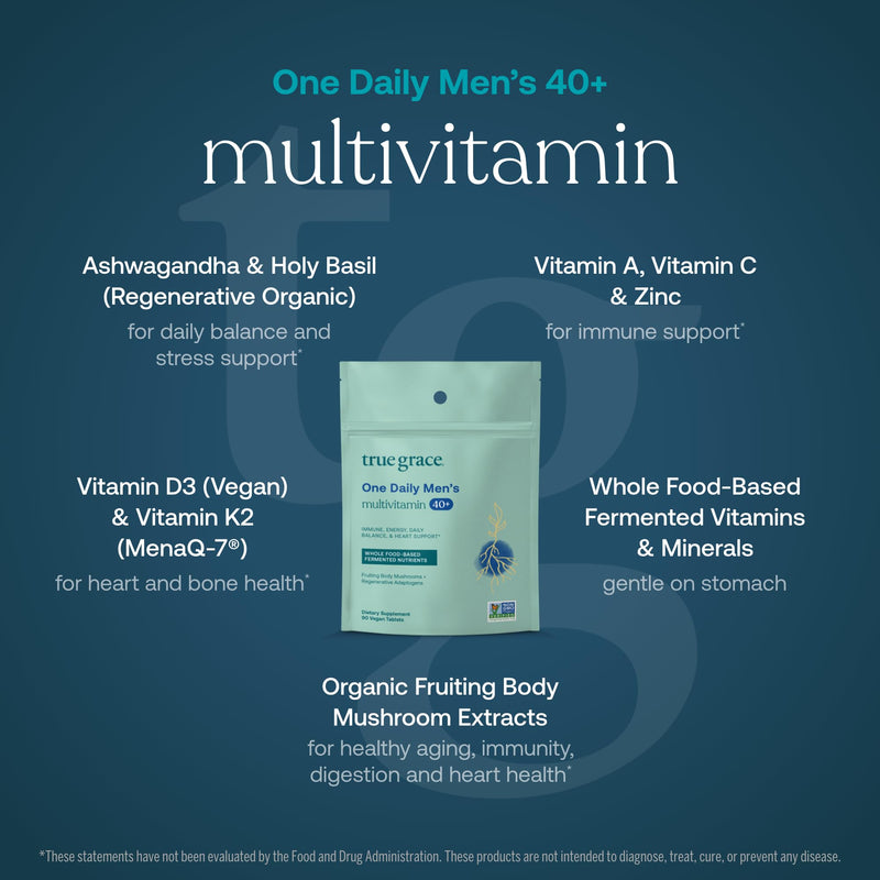 True Grace Men's 40+ One Daily Multivitamin Fermented Minerals, Organic Adaptogens & Mushrooms Whole Body Balance Immune, Endurance, Bone & Heart Support Supplement - Non-GMO - 90 Vegan Tablets 90 Day Supply
