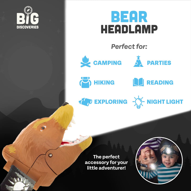 Big Discoveries Bear LED Headlamp - Bear Headlamps for Kids | Multiple Styles Available | Animal Toy Head Lamp Flashlight for Boys, Girls, or Adults | Head Light for Camping, Hiking, Party, or Reading Grizzly Bear