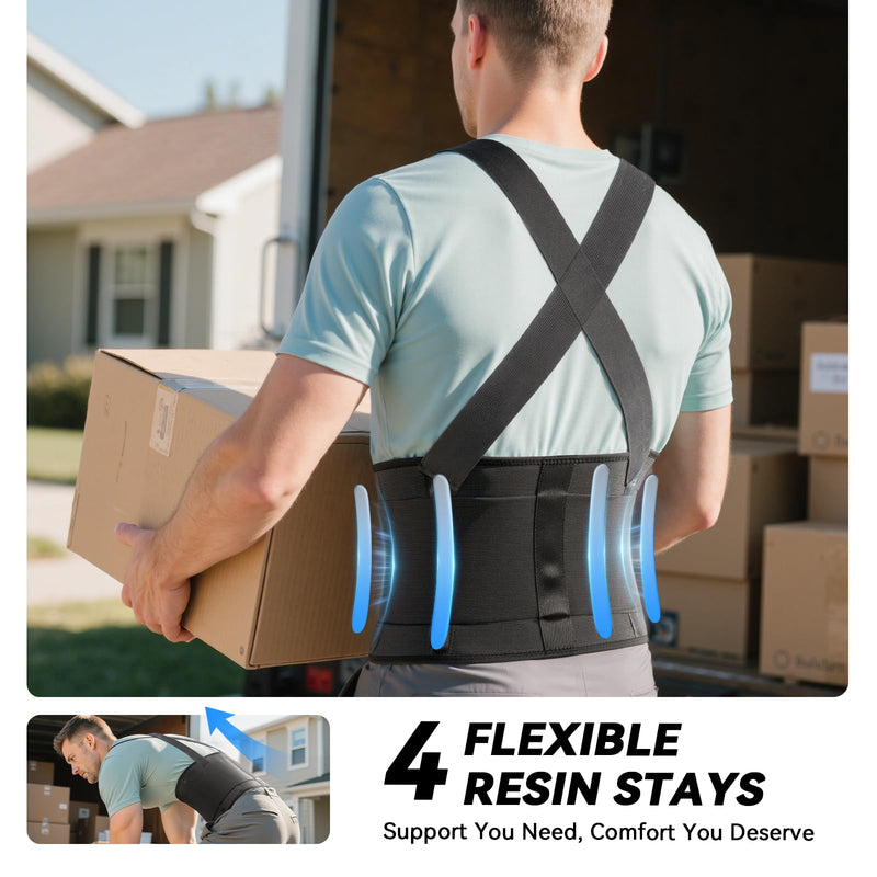 Work Back Brace for Men & Women, Adjustable Lower Back Support Belt with Suspenders for Back Pain Relief, Moving Construction Warehouse Heavy Lifting Safety & Protection (Black, Medium) Black - BeesActive Australia