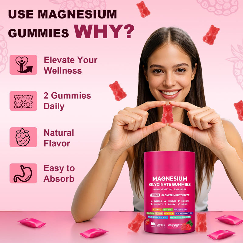Magnesium Glycinate Gummies 600mg, High Absorption Magnesium Complex, Sugar Free Chewables Gummies with VitaminD & B6, CQ10 for Adults & Kids, Relaxation, Muscle & Zzz Support 90 Count (Pack of 1)