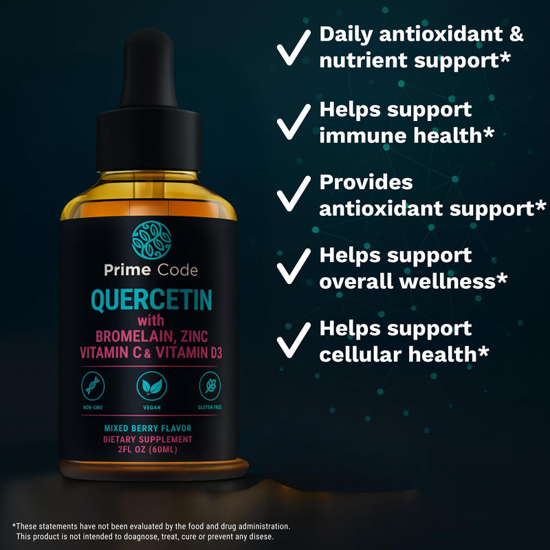 Prime Code Quercetin Liquid with Bromelain, Zinc, Vitamin C & D3 – Mixed Berry Flavor – Vegan, Non-GMO, Gluten Free Antioxidant & Immune Support Supplement – High Absorption 2 fl oz (60mL)