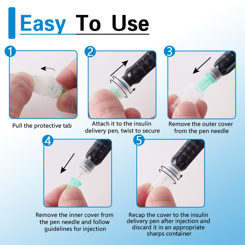32G 4mm (5/32") Insulin Pen Needles, Flat-seat Base for Comfort,100 Count Diabetic Needles for Injections, Universal Fit, Compatible with Most Pen Injector Device, Sterile