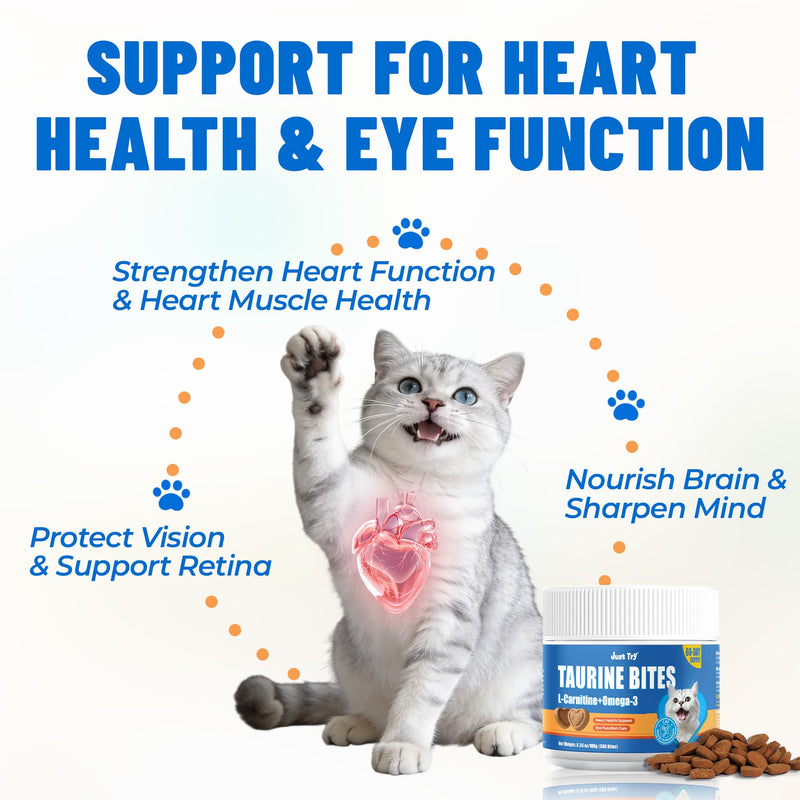 Just Try 6.35 oz Cat Taurine Bites - Taurine for Cats with L-Carnitine, Omega 3 and Vitamins - Supports Immune, Heart and Eyes Health Cat Supplements 300 Bites