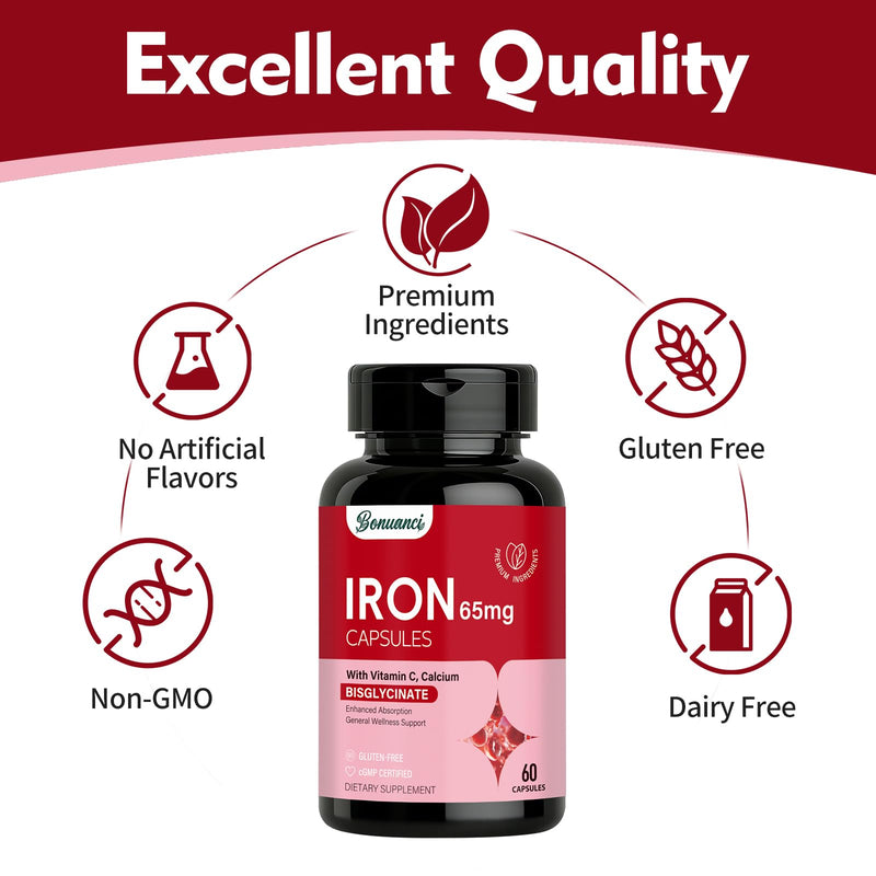 Iron Supplement - Iron 65mg High Absorption Iron Bisglycinate with Vitamin C, Calcium, Gentle Iron Pills for Women Men - Non GMO & Gluten Free, Stomach Friendly, 60 Capsules 60 Count (Pack of 1)