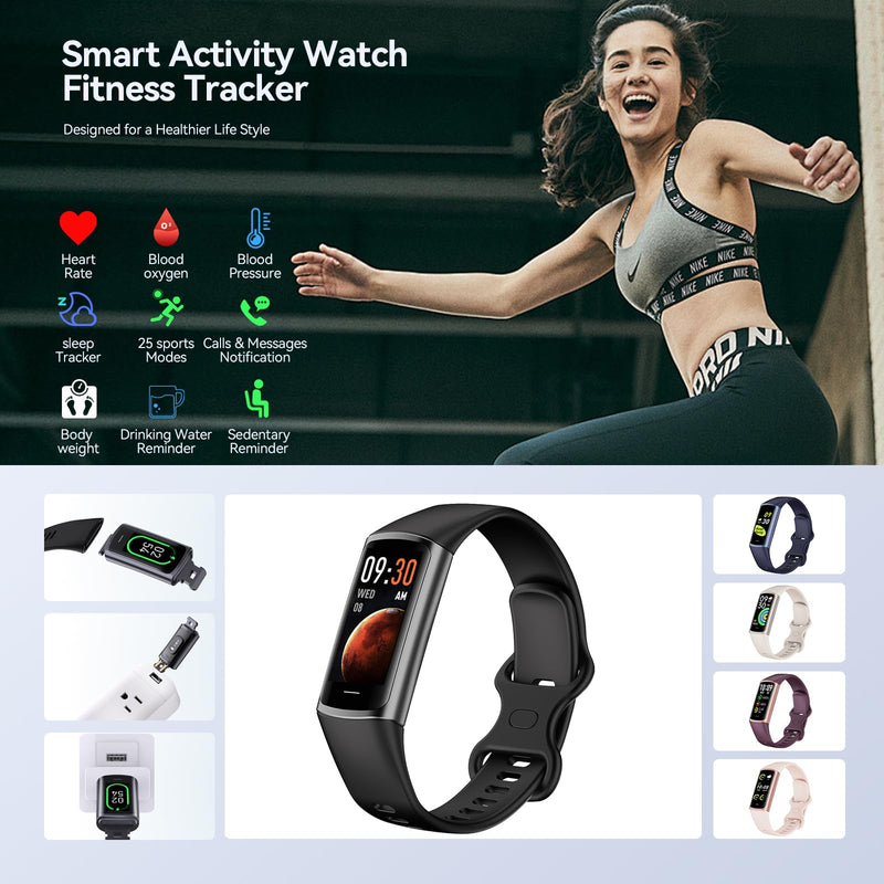Fitness Tracker, 25 Sports Modes, Heart Rate/Blood Oxygen and Pressure Monitor Sleep Step Tracker/Carolies Waterproof Smartwatch Smart Bracelet for Android and iOS Phone Black